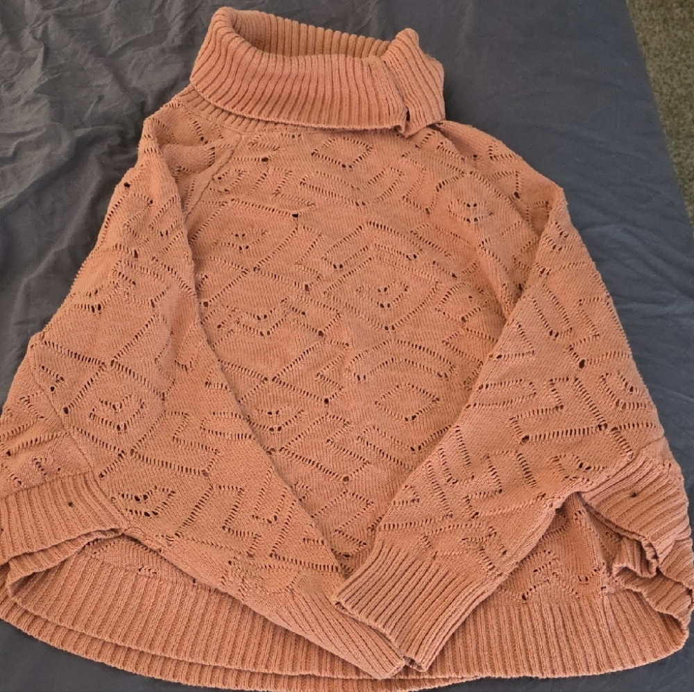 Cozy Turtleneck Knit Poncho (Dark Coral)